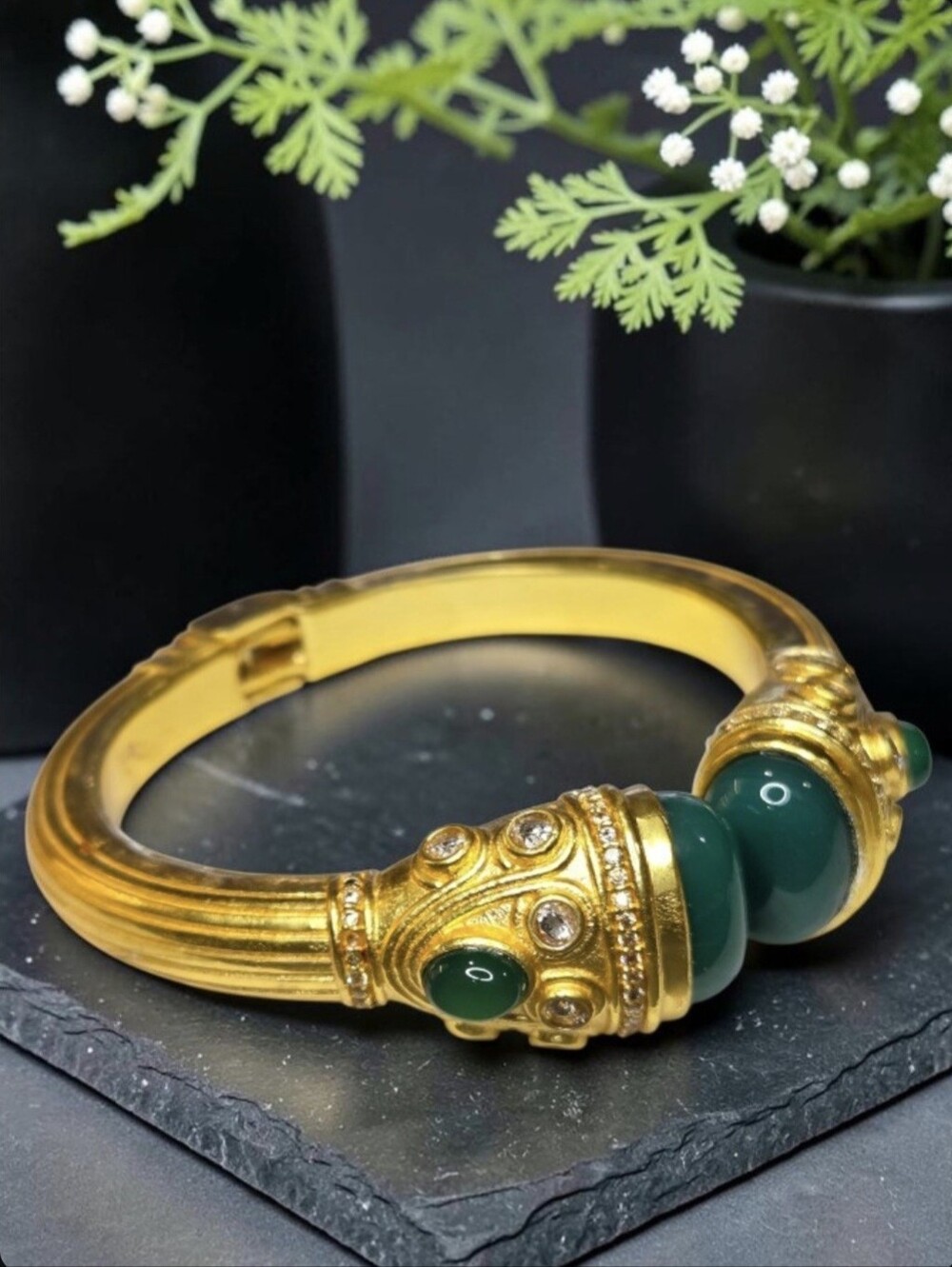 24k Gold Plated Oversized Artisan Green Onyx Crystal Clamper Cuff Bracelet